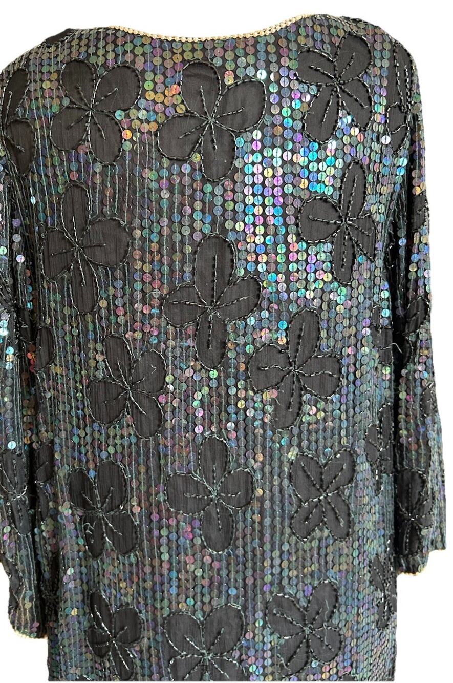 VTG 80s Beaded Sequin Dress Silk Black Cocktail Dallas Dynasty 90s Theme Party M
